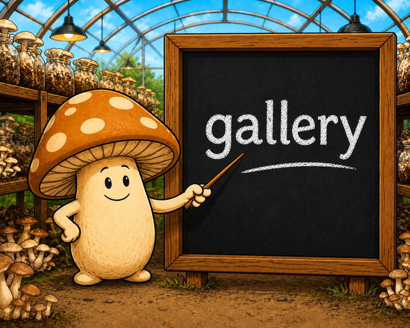 Illustrated mushroom mascot inside a greenhouse pointing to a chalkboard that reads 'gallery'