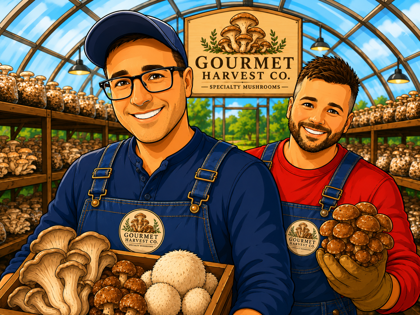 The two founders of Gourmet Harvest Co. standing inside their greenhouse, arms full of freshly harvested oyster, lion's mane, and chestnut mushrooms