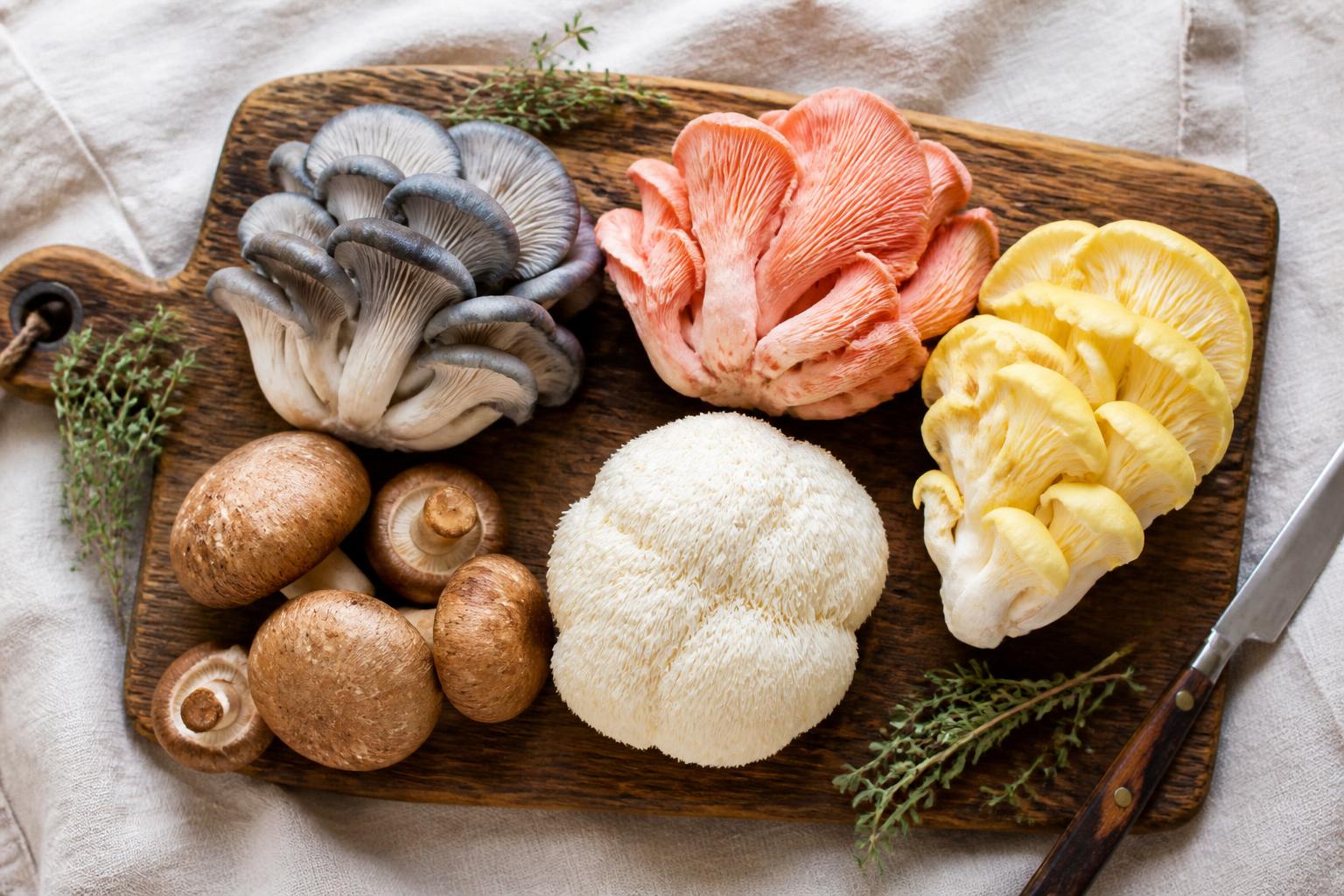 Fresh gourmet mushrooms on a wooden cutting board — blue, pink, and yellow oysters, lion's mane, and chestnut mushrooms ready for delivery