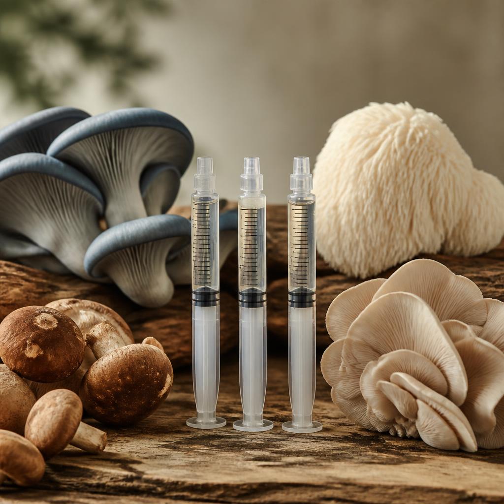 10cc liquid culture syringes with blue oyster, lion's mane, chestnut and elm oyster mushrooms